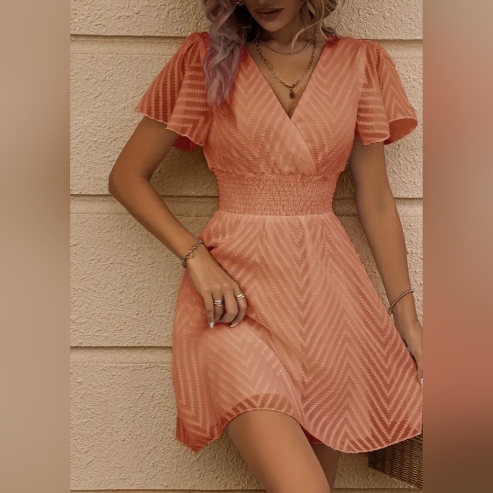 Pink Shirred Waist Dress, Elegant V Neck Flutter Sleeve , Women's Size 4 Small
